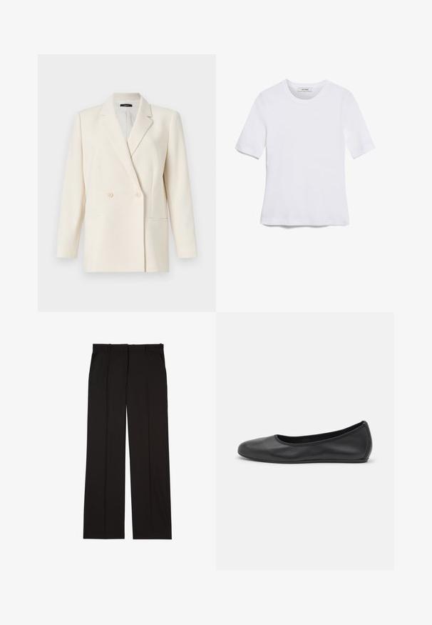 Theory Blazer - rice; Camiseta de manga corta blanca hecha de tela de canalé. Cuello redondo, corte regular y detalles de costura sutiles. Sin patrones ni gráficos.; Pantalones negros ajustados hechos de una tela suave, con un diseño de pierna recta y dos bolsillos laterales. Construcción elegante y minimalista.; Bailarina de piel negra con punta redondeada, textura suave, detalle de costura minimalista y diseño de suela flexible.