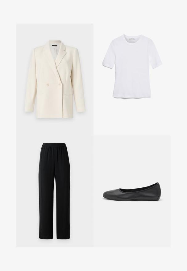 Theory Bleizeris - rice; Balta trumpa rankovėmis marškinėliai, pagaminti iš pasiruošusio audinio. Apvali iškirptė, reguliari tinkamumas ir subtilūs siuvimo detalės. Be raštų ar grafikos.; Juodos plačios kojinės kelnės, pagamintos iš lygaus audinio su elastinga juosmeniu. Turi tiesų kirpimą ir minimalų detalizavimą. Tinka kasdieniam dėvėjimui.; Juodai odiniai baletai su apvaliu pirštu, lygi texture, minimalus siuvimo detales ir lanksčiu padų dizainu.