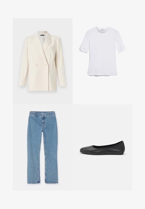 Theory Bleiseri - rice; Valkoinen lyhythihainen t-paita, joka on valmistettu ribbytedusta kankaasta. Pyöreä pääntiie, normaali istuvuus ja hienovaraiset ompeluyksityiskohdat. Ei kuvioita tai grafiikkaa.; Vaaleansinisiä suoria farkkuja nappi- ja vetoketj closures, vyölenkit ja tavallinen ommel valkoista taustaa vasten.; Musta nahkainen ballerina, jossa on pyöristetty kärki, sileä pinta, minimaalinen ommelkoristelu ja joustava pohjamuotoilu.