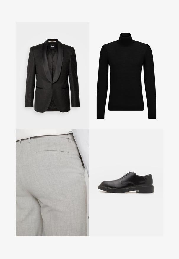 Svart tuxedojacka med satinrevers, texturerad väv, två framfickor och en enkelknappsstängning. Etiketten säger "BOSS."; Svart polotröja gjord av mjukt material, med långa ärmar och en åtsittande passform. Ribbat avslut vid fåll och ärmslut. Enkelt mönster.; Ljusgrå skräddarsydda byxor av texturerat tyg med en enda bakficka och rena sömmar.; Svart läder snörsko med rund tå, slät yta, minimal söm och låg gummihäl. Logotyp på hälen.