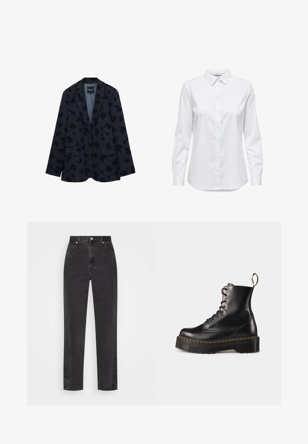 Desigual FLORAL - Blazer - black; Witte overhemd met lange mouwen, gestructureerde kraag en afgeronde zoom. Gemaakt van een gladde, effen stof zonder zichtbare patronen of accenten.; Zwarte denim jeans met rechte pijpen en hoge taille, met een knoop en rits aan de voorkant en vijf zakken, op een witte achtergrond.; Zwarte leren veterschoenen tot de enkel met een robuuste zwarte zool en gele stiksels. Kenmerkend zijn de trekloop aan de achterkant en de ronde metalen oogjes.