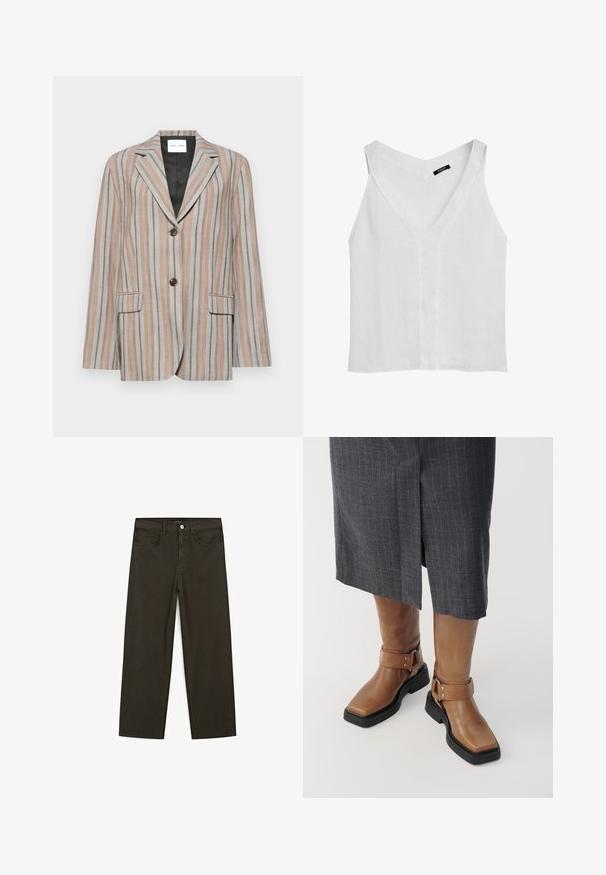 Randig kavaj i beige och blå nyanser, med snedskuren krage, två framfickor och tvåknappsstängning. Strukturerad tyg med en slät foder.; Massimo Dutti FLOWING DOUBLE FABRIC GARMENT - Linne - white; Mörkgröna vida jeans i bomullsblandning, med knäppning fram, fem fickor och klassisk denimstickning.; Bruna läderknästövlar med fyrkantig tå, svart gummisula och justerbar spänndetalj. Bärs med en grårutigt kjol.