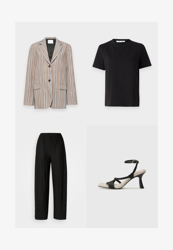 Raidallinen bleiseri beige ja sinisissä sävyissä, jossa on lovettu kaulus, kaksi etupussia ja kaksinappinen kiinnitys. Rakenteellinen kangas, jossa on sileä vuori.; Musta lyhythihainen t-paita, joka on valmistettu pehmeästä puuvillasta. Paitassa on pyöreä kaula-aukko, rento malli ja sileä pinta. Ei näkyviä kuvioita tai graafisia elementtejä.; Mustat leveälahkeiset housut, joissa on joustava vyötärö. Kankaassa on pystysuoria poimuja ja sileä pinta.; Mustat korkokengät, joissa on punottuolkaiminen design, neliömäinen kärki ja säädettävä nilkkahihna. Vaaleanbeige jalkapohja ja kiiltävä musta korko.