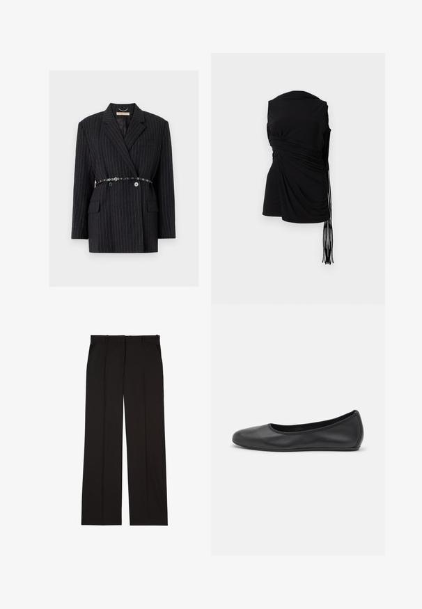 Blazer noir à rayures avec un design croisé, doté d'une ceinture à la taille, de deux poches avant et de revers crantés. Texture lisse.; Haut sans manches noir avec un tissu drapé, pli sur le côté et un détail à franges allongé, présentant une texture lisse et une silhouette ajustée.; Pantalons noirs sur mesure en tissu lisse, présentant une coupe droite, avec deux poches latérales. Construction élégante et minimaliste.; Ballerines en cuir noir avec un bout rond, texture lisse, détails de couture minimalistes et design de semelle flexible.
