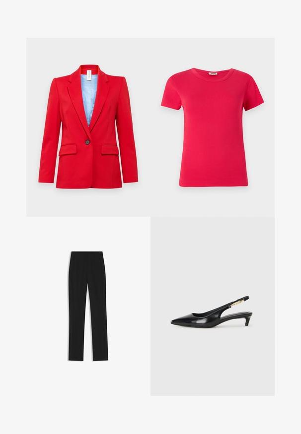 DRYKORN ATLIN - Blazer - red; Red short-sleeve t-shirt with a ribbed texture and round neckline, made from a smooth fabric, featuring a standard fit and no visible patterns.; Black tailored trousers with a straight-leg design, featuring front pockets and a smooth, textured fabric. Neat, minimal detailing.; Black leather slingback heels with a pointed toe, featuring a slim heel and a gold-tone accent on the adjustable strap. Smooth texture.