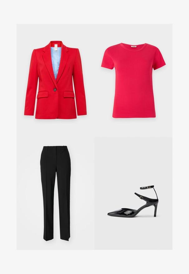 DRYKORN ATLIN - Suknjič - red; Rdeča majica s kratkimi rokavi z rebrasto teksturo in okroglim izrezom, izdelana iz gladkega blaga, s standardnim krojem in brez vidnih vzorcev.; Črne krojene hlače s direktnim krojem, ki se ponašajo z gladko teksturo in ostrimi pregibi spredaj. Ni vidne kovine.; Črne lakirane čevlje z visoko peto in ožjim prstom, z nastavljivimi gležnjastimi trakovi in tankim peto. Gladka tekstura z sijočim zaključkom.