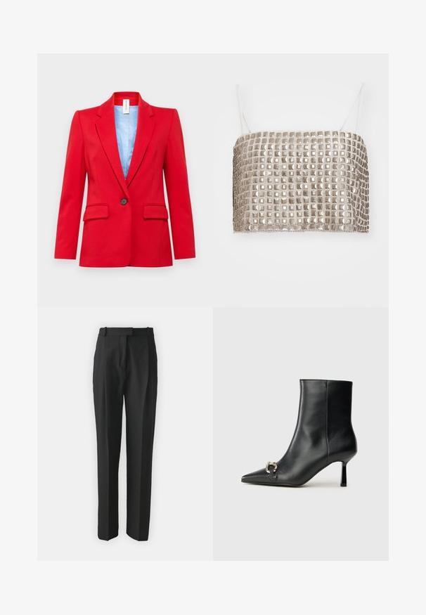 DRYKORN ATLIN - Σακάκι - red; Μεταλλική ασημένια κοντομάνικη μπλούζα με τετράγωνα παγιέτες και λεπτές λευκές τιράντες, ορθογώνιο σχήμα, λεία υφή και ομοιόμορφο γραμμικό σχέδιο.; Μαύρα κομμένα παντελόνια από ελαφρύ ύφασμα, με ίσια γραμμή, επίπεδο μπροστινό μέρος και θηλιές ζώνης. Λείο υφή χωρίς εμφανή σχέδια.; Μαύρο δερμάτινο μποτάκι ζωής με κομψή μύτη, λεπτό μεσαίου ύψους τακούνι και ασημένια λεπτομέρεια με πόρπη στο πλάι, σε απλό φόντο.