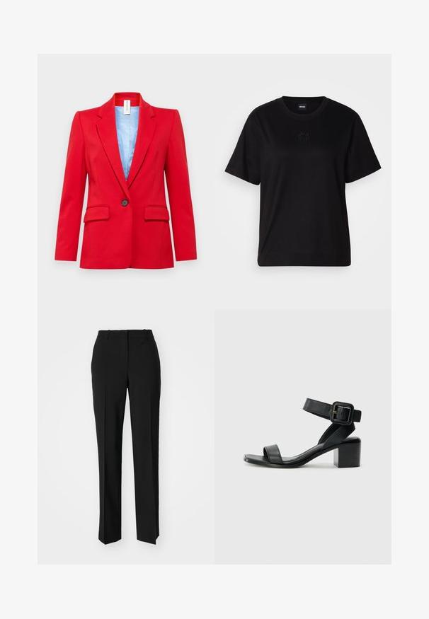 DRYKORN ATLIN - Bleiseri - red; Musta puuvillapaita, jossa on pyöreä kaula-aukko, lyhyet hihat ja brodeerattu logo rinnassa. Yksinkertainen, rento istuvuus ilman kuvioita.; Mustat räätälöidyt housut suoraa lahjetta, joissa on sileä pinta ja terävät taitteet edessä. Ei näkyvää metalliosaa.; Mustat nahkaiset korkokengät, joissa on säädettävä nilkkastrappi, avoin varvasmuotoilu ja neliömäinen korko. Silkkinen pinta, minimalistinen tyyli.