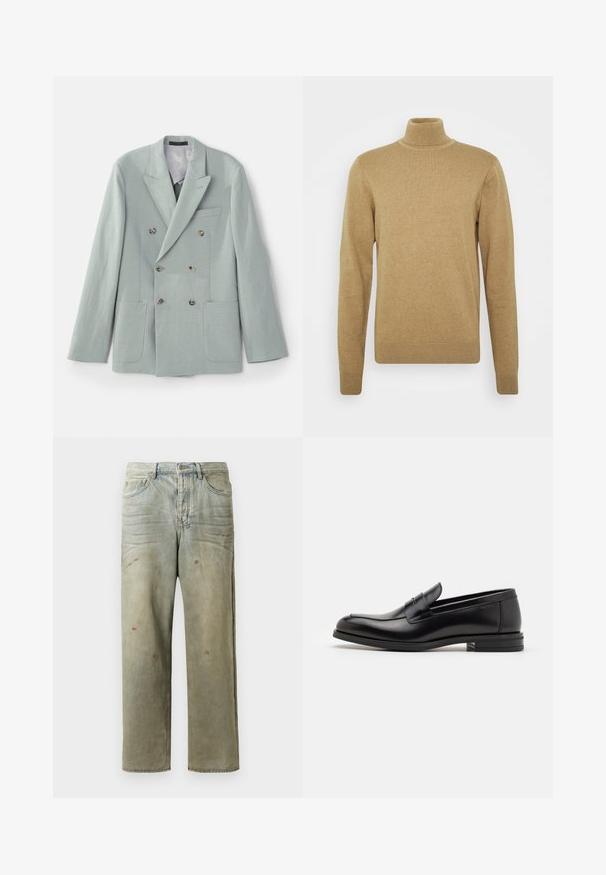 Giacca doppiopetto in tessuto verde menta chiaro con rever a punta, due tasche frontali e bottoni marroni. Texture liscia.; Maglione a collo alto beige realizzato in morbido tessuto knit. Presenta maniche lunghe e una vestibilità aderente. Dettagli a coste su orlo e colletto.; Jeans in denim strappato di colore verde chiaro, con gamba dritta, design a cinque tasche, sbiaditure irregolari e schizzi di vernice.; Mocassini neri in pelle con una texture liscia, punta arrotondata e una striscia decorativa sulla tomaia. Tacco basso impilato, design minimalista.