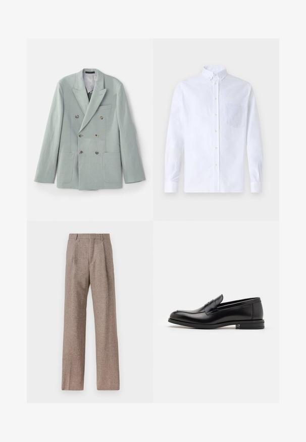 Dvostruko kopčana jakna od svijetlo mente zelene tkanine s urezanim reverima, dva prednja đepna i smeškim dugmadima. Glatka tekstura.; Bijela košulja s dugim rukavima na dugme, izrađena od pamuka, s džepom na prsima s ton-sur-ton vezom, ovratnikom i dugmadi na manžetama.; Smeđe, hlače viskog struka od teksturiranog materijala. Imaju široke nogavice i dva prednja pregiba za strukturu. Uređen završetak bez vidljivih metalnih dijelova.; Crni kožni mokasini s glatkom teksturom, zaobljenim prstima i ukrasnom trakom preko prednjeg dijela. Niski slojeviti potplat, minimalistički dizajn.