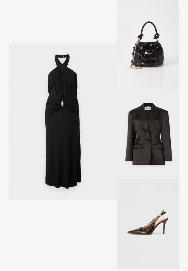 Čierny saténový blejzer, jednoradový strih s dvoma gombíkmi, vystrihnutý klop, štruktúrované ramená a dve predné vrecká. Hladká textúra.; Čierna maxi šaty s halter krkom a skrútenou telesnou časťou. Obsahuje nariasené detaily a zlatý akcent v oblasti pása. Hladká textúra látky.; Hnedé lodičky na podpätku z kože s embosovaným vzorom krokodíla, s špicatou špičkou, otvorenými bokmi a tenkým vysokým podpätkom. Navrhnuté s nastaviteľnou sponou.; Čierna mini kabelka so štrasom, s uzlovým textúrovaným popruhom a strieborným reťazom. Guľatý tvar s riaseným vrchom a reflexnými detailmi.