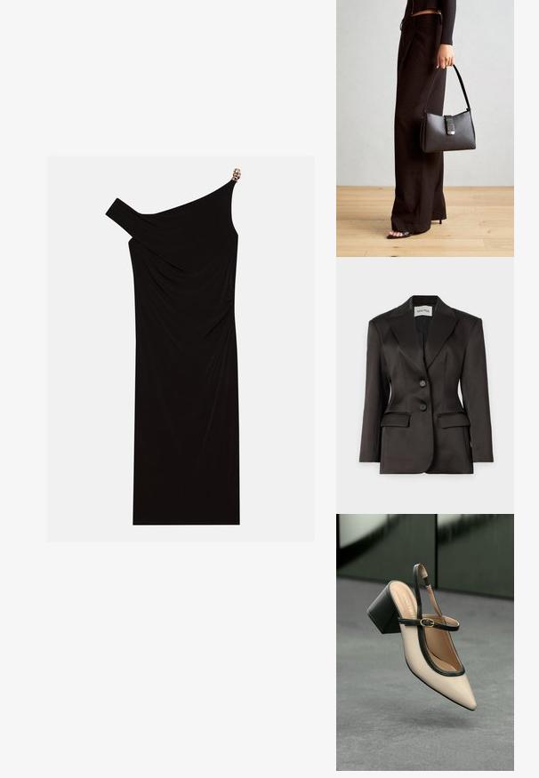 Must mustriga bleiser, ühe nööbi disainiga, kahe nööbiga, klapiga kraega, struktureeritud õlgadega ja kahe esikohaga. Sile tekstuur.; Mustaline ühe õlavarrega kleit, mis on valmistatud voolavast kangast, millel on kuldne aktsent õlal, sile tekstuur ja põlvekõrgune disain.; Beežid kõrgkontsaga slingback-king, millel on terav nina, must ääris ja pandla detail. Sile materjal mattlõpuga, keskmise suurusega plokktald.; Must musta kott, millel on struktureeritud kuju, sile tekstuur ja metallist klamber. Kombineeritud laiate mustade pükstega ja avatud varvaste sandaalidega puidust põrandal.