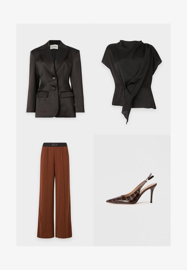 Melnā satīna žakete, vienrindas dizains ar diviem pogām, ar iegrieztām atlokām, strukturētām plecu daļām un diviem priekšējiem kabatām. Gluda tekstūra.; Melna blūze, izgatavota no gludas auduma, ar drapētā dizaina un sasietu detaļu jostasvietā, un īsām piedurknēm.; Plati iegareni bikses bagātā brūnā audumā ar elastīgu melnu jostu. Iekļautas vertikālas šuves, nodrošinot veidotu izskatu un gludu tekstūru.; Brūna, krokodila rakstā iemontēta ādas slingback apavi ar smailu purngalu, atvērtām sāniem un plānu augstu papēdi. Izstrādāti ar sprādzes regulāciju.