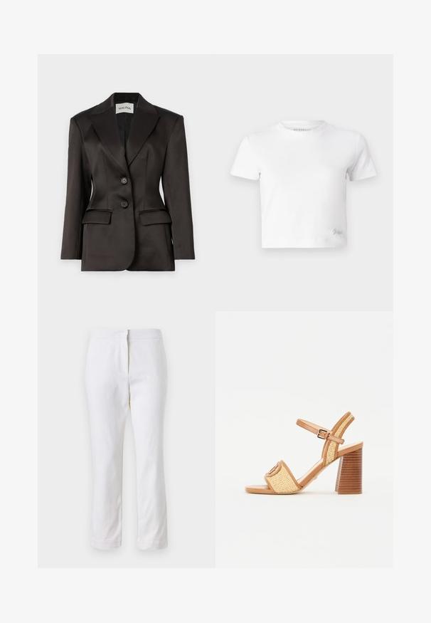 Černý saténový blazer, jednobarevný design s dvěma knoflíky, klopový límec, strukturované ramena a dvě přední kapsy. Hladká textura.; Bílý zkrácený tričko z hladké bavlny, s vysokým výstřihem a krátkými rukávy. Malá vyšitá logo v dolním rohu.; Bílé bavlněné kalhoty s rovnou nohavicou, s středně vysokým pasem a bez viditelných kovových prvků nebo vzorů. Hladká textura po celém povrchu.; Hnědé kožené a tkané slámové sandály na podpatku, které mají pásek přes kotník, otevřenou špičku a robustní dřevěný podpatek se svislými pruhy.