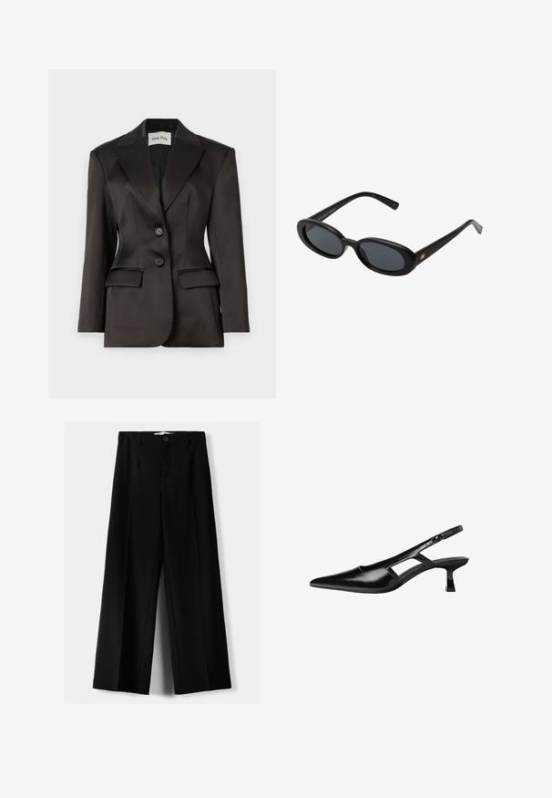 Črn satenski blazer, enojno zapenjanje z dvema gumboma, s krojenim ovratnikom, strukturiranimi rameni in dvema sprednjima žepoma. Gladka tekstura.; Črna majica z dolgimi rokavi, ki ima odkriti vratni izrez, zvit kroj tkanine na prsih in velik lok na sprednji strani.; Črne široke hlače iz lahkega materiala, z zapiranjem na gumb spredaj in ravnim sprednjim delom, s skrbno zašiti robovi.; Črne patentični usnjeni salonarji s slingback designom, z zašiljenim nosom, izrezanim stranskim dizajnom in majhnim kvadratnim peto. Gladka tekstura z minimalnimi detajli.; Črne oversize sončne očala z ovalnimi lečami, gladkim plastičnim okvirjem in zlatenimi detajli na templjih. Temne leče zagotavljajo zaščito pred soncem.