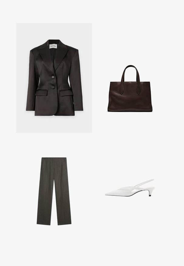 Zwart satijnen blazer, single-breasted ontwerp met twee knopen, geplooide revers, gestructureerde schouders en twee voorkanten zakken. Soepele textuur.; Donkerbruin T-shirt met korte mouwen, gemaakt van katoen. Heeft een ronde halslijn en een ontspannen pasvorm, zonder zichtbare patronen of accenten.; Donkergrijze, wijde broek gemaakt van een gestructureerde stof, met twee zijzakken en een nette frontplooi. Eenvoudig, passend ontwerp.; Witte slingback hak met spitse neus, voorzien van een gladde bovenkant, subtiele uitsparingen en een lage blokhak. Zwarte zool accentueert het ontwerp.; Bruine leren tote bag met twee verlengde handvatten, gestructureerde rechthoekige vorm, gladde textuur en subtiele stiksels.
