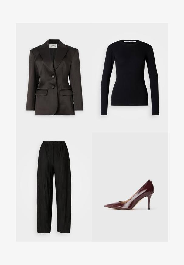 Svart satengblazer med enkel rekke, to knapper, snittet krage, strukturerte skuldre og to frontlommer. Jevn tekstur.; Svart langermet topp laget av ribbet stoff. Har rund hals og tettsittende fasong. Ingen mønstre eller dekorasjoner. Enkelt design.; Svart, pregede bukser med løs midje som har bred benvidde. Stoffet har vertikale folder og en glatt tekstur.; Burgunder patentlæderpumpe med spids tå, lav vamp og slank stilettohæl. Glat tekstur og minimalistisk design.