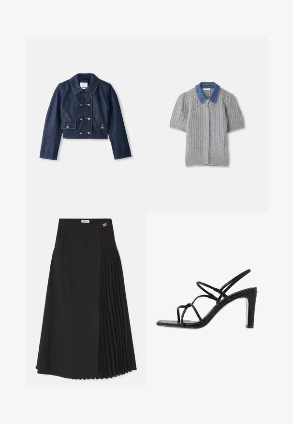 Giacca in denim corta con collare a punta, chiusura doppiopetto con bottoni dorati e due tasche frontali. Presenta impunture a contrasto.; Cardigan corto grigio a maniche corte lavorato a maglia con motivo a treccia, dotato di un colletto in denim e cinque bottoni dorati sul davanti.; Gonna midi nera con design a pieghe su un lato, realizzata in tessuto leggero con zip nascosta e tasche laterali.; Sandali neri con tacco alto, dotati di sottili cinturini, finitura testurizzata, punta aperta e un design elegante con tacco affusolato. Presentano una soletta morbida e una superficie lucida.