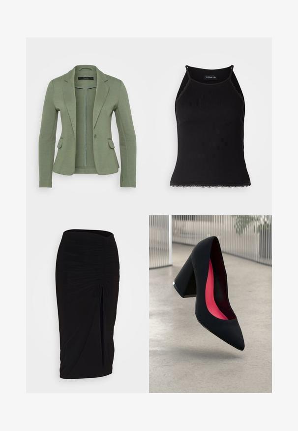 Zielona marynarka z miękkiego materiału, z zapięciem na jeden guzik, dwoma przednimi kieszeniami oraz dopasowanym krojem z klapami.; Czarny ribbed top na ramiączkach z falbaniastym koronkowym wykończeniem u dołu. Posiada cienkie ramiączka i dopasowany krój. Wykonany z rozciągliwego materiału.; Czarna, marszczona spódnica typu ołówkowego z węzłem i bocznym rozcięciem. Wykonana z elastycznego materiału, o gładkiej fakturze i dopasowanym kroju.; Czarna szpilka o spiczastym nosie, z teksturowaną powierzchnią i intensywnie różowym wnętrzem. Posiada masywny obcas z srebrnym akcentem.