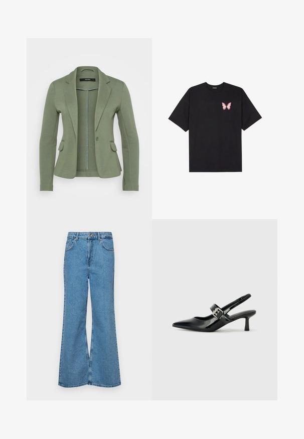 Groene blazer van zachte stof, met een enkele knoopsluiting, twee voorzakken en een getailleerde pasvorm met notch-lapels.; Zwarte katoenen t-shirt met korte mouwen, voorzien van een kleine roze vlinder graphic op de linkerkant van de borst. Crew neck ontwerp met een relaxte fit.; Lichtblauwe flared jeans van denim, met een hoge taille, vijf zakken en een enkele knoopsluiting. Zachte textuur met een vervaagde afwerking.; Zwarte gepatineerde leren slingback hakken met een puntige neus en een kleine blokhak, met een zilveren gespaccent op de band.