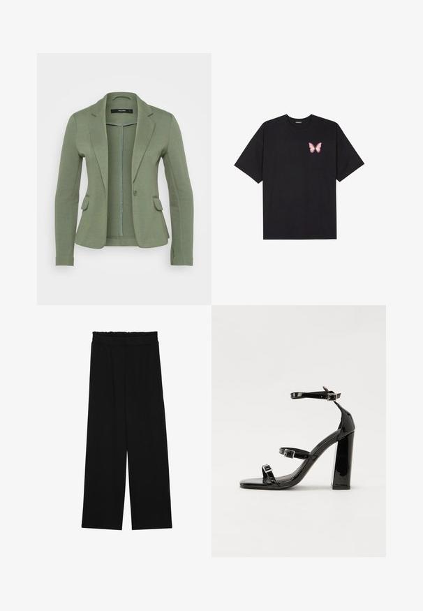 Sacou verde dintr-un material moale, cu închidere printr-un singur buton, două buzunare frontale și o croială ajustată cu rever notch.; Tricou negru din bumbac cu mâneci scurte, având pe partea stângă a pieptului un mic grafic cu un fluture roz. Design cu guler rotund și croială lejeră.; Pantaloni largi negri cu un tiv volant, cu două buzunare laterale și un material neted, ușor. Fără modele vizibile sau accesorii.; Sandale cu toc din patent negru, cu vârf pătrat, curele la gleznă și catarame din argint. Dispune de un toc gros pentru stabilitate.