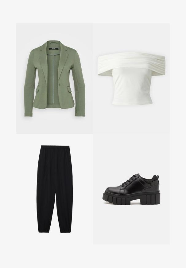 Green blazer made of soft fabric, featuring a single button closure, two front pockets, and a tailored fit with notched lapels.; Off-the-shoulder white top with pleated, structured neckline and fitted bodice. Made from soft fabric with a smooth texture.; Black, lightweight pants with an elastic waistband and gathered ankles. The fabric is smooth and features a relaxed, tapered design.; Black leather platform shoes with a chunky block heel, round toe, and traditional lace-up design. Features smooth texture and minimal detailing.