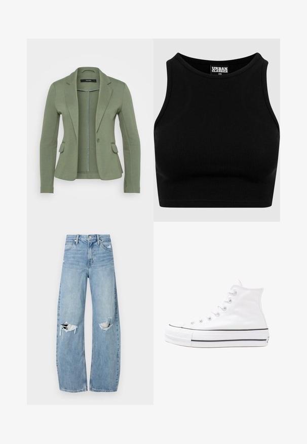 Groene blazer van zachte stof, met een enkele knoopsluiting, twee voorzakken en een getailleerde pasvorm met notch-lapels.; Zwarte geribbelde cropped top met een ronde hals en mouwloos ontwerp. Gemaakt van een rekbare, textuurrijke stof. Label zegt "Urban Classics."; Lichtblauwe, hooggeritste jeans van denim. Beschikken over wijde pijpen, twee gescheurde knievalken en klassieke vijfzakken styling.; Witte high-top canvas sneakers met een zwarte rubberen zool, een rubberen neuskap aan de voorkant en zes gaatjes voor veters, met een schone, minimalistische uitstraling.