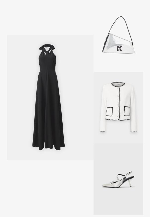 Witte textuurjack met zwarte geschulpte rand, ronde zilveren knopen en twee voorzakken met bijpassende accenten.; Zwarte halter maxi-jurk met een aansluitend lijfje, een vloeiende rok en een geknoopte kraagdetails. Gladde stof zonder zichtbare patronen of accenten.; Zilveren slingback hakken met een spitse neus, voorzien van een gladde metalen afwerking, een slanke hak en decoratieve banddetails.; Zilveren metallic handtas met een driehoekige vorm, zwarte schouderriem en een geperst 'K' logo aan de voorkant. Gladde, glanzende textuur.