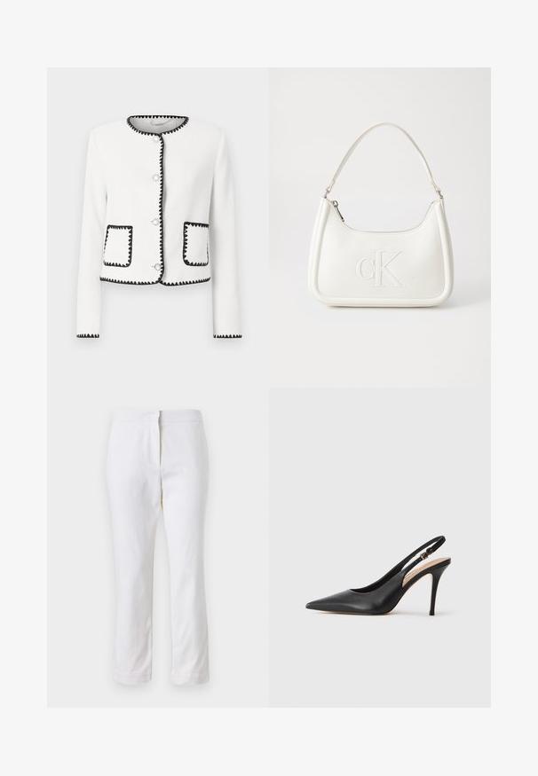 Veste blanche texturée avec des bordures noires en forme de vagues, boutons ronds en argent et deux poches avant avec des accents assortis.; T-shirt blanc court en coton lisse, avec un col haut et des manches courtes. Petit logo brodé dans le coin inférieur.; Pantalons en coton blancs avec une coupe droite, dotés d'une taille mi-haute et sans matériel ou motifs visibles. Texture lisse sur l'ensemble.; Escarpin à talon haut en cuir noir avec un bout pointu, une texture lisse et une délicate bride avec une boucle métallique.; Sac à main en cuir blanc avec une forme courbée, arborant un logo "CK" embossé à l'avant et une seule bandoulière. Fermeture à glissière en haut.