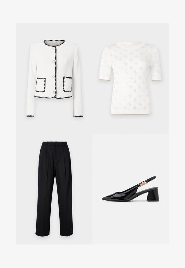 Biała kurtka o fakturze z czarnymi falbaniastymi wykończeniami, okrągłymi srebrnymi guzikami i dwiema przednimi kieszeniami z dopasowanymi akcentami.; Skrócony, białe, dzianinowe top z krótkimi rękawami o subtelnym wzorze, z okrągłym dekoltem i złotym akcentem na dolnym brzegu. Tekstura wydaje się lekka i przewiewna.; Czarne spodnie o dopasowanym kroju, z wysokim stanem, fałdami i prostymi nogawkami. Wykonane z gładkiego materiału w jednolitej kolorystyce.; Czarne lakierowane pumpsy typu slingback z ostrym noskiem i złotym wykończeniem na pasku, z blokowym obcasem. Gładka struktura.