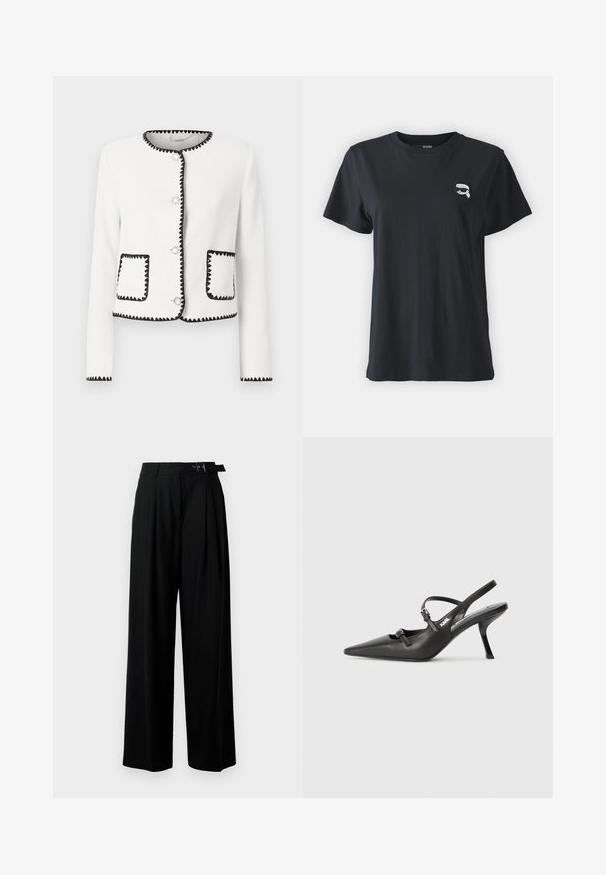 Bílá texturovaná bunda s černým vlnitým lemem, kulatými stříbrnými knoflíky a dvěma předními kapsami s odpovídajícími akcenty.; Černé bavlněné tričko s krátkým rukávem a kulatým výstřihem. Na hrudi má malou bílou grafiku. Hladká textura, volný střih.; Černé široké kalhoty s vysokým pasem, záhyby vpředu a páskem s přezkou. Vyrobené z hladké, lehké tkaniny.; Černé kožené lodičky na boku s špičatou špičkou, štíhlým podpatkem a dekorativní přezkou na nártu. Hladká textura a elegantní design.