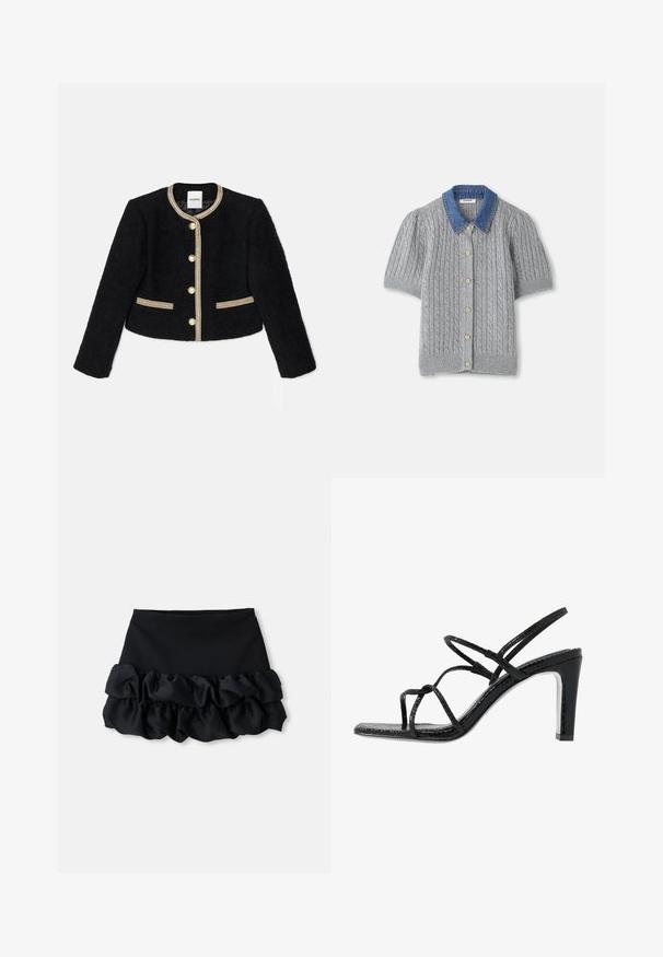 Zwarte cropped jas gemaakt van textuurstof, met gouden bies, vijf knopen en twee zijzakken met gouden accenten.; Grijze gebreide kortärmsgilet met een kabelpatroon, voorzien van een denim kraag en vijf gouden knopen aan de voorkant.; Zwarte mini-jurk met een aansluitende top en drie lagen ruches aan de onderkant, met een gladde textuur en strakke lijnen.; Zwarte hoge sandalen met dunne banden, een gestructureerde afwerking, open teen en een slank, puntig hakontwerp. Beschikt over een gladde inlegzool en een glanzend oppervlak.