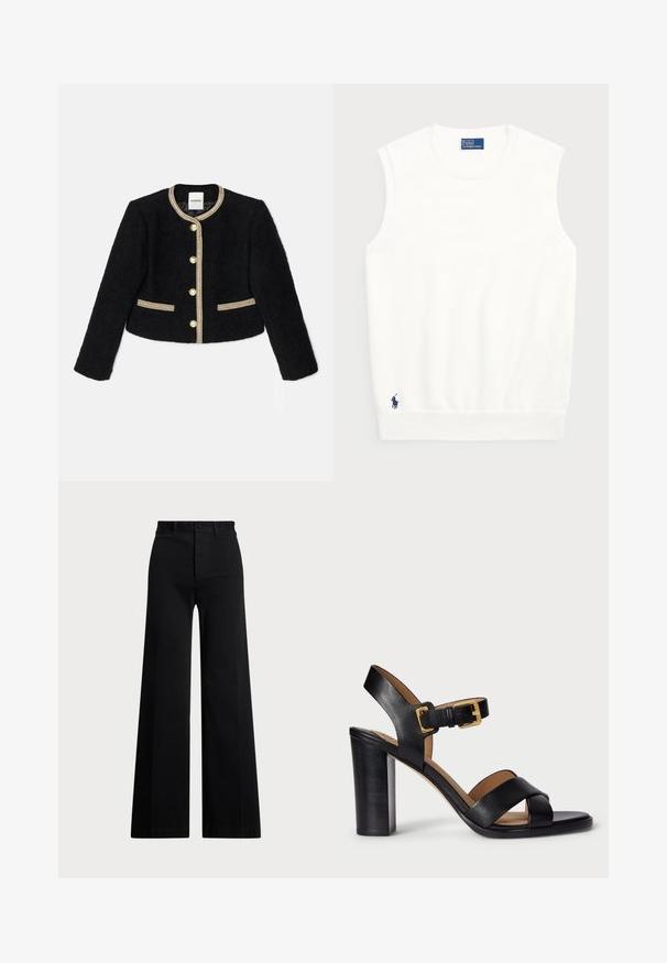 Melnā īsā jaka, kas izgatavota no teksturēta auduma, ar zelta apdari, piecām pogām un divām sānu kabatām ar zelta akcentiem.; Balts bezpaliktņa džemperis, izgatavots no gludas kokvilnas, ar ribotu apmalīti un mazu tumši zilu logotipu apakšējā kreisajā stūrī. Vienkārša dizaina, bez rakstiem.; Melni platā kāju bikses, izgatavotas no austas auduma, ar augstu jostasvietu, priekšējo pogu aizdari un sānu kabatām. Gluda tekstūra ar skaidrām līnijām.; Melnas ādas papēžu sandales ar pārklājošu siksnu dizainu un sprādzi. Iezīmējas ar masīvu papēdi un gludu tekstūru.