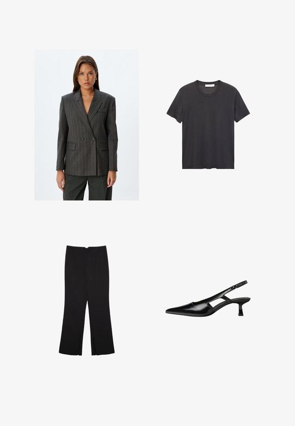 Double-breasted gray blazer with red pinstripes, notch lapels, front pockets, and tailored fit. Made of textured fabric.; Black crew-neck t-shirt made of soft cotton. Short sleeves, relaxed fit, and straight hem with no embellishments or patterns.; Black trousers with a straight fit, featuring front pockets and side slits at the hem. Made of soft, smooth fabric. Suitable for various occasions.; Black patent leather slingback heels with a pointed toe, cut-out side design, and a small square heel. Smooth texture with minimal accents.