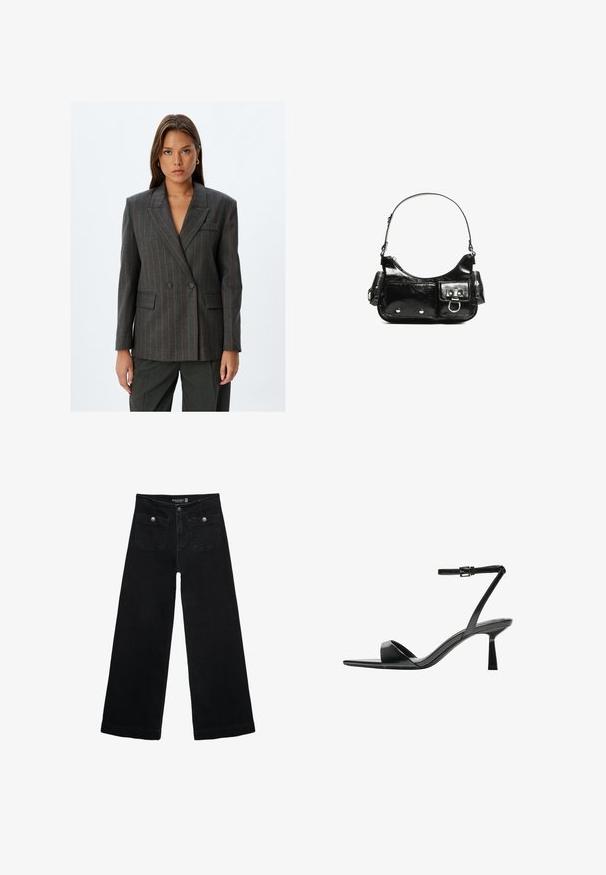 Szara dwurzędowa marynarka w czerwone paski, z klapami, przednimi kieszeniami i dopasowanym krojem. Wykonana z teksturowanej tkaniny.; Biała koszulka z krótkim rękawem i okrągłym dekoltem, wykonana z miękkiej bawełny, charakteryzująca się prostym, czystym wzorem bez widocznych zdobień ani akcentów.; Czarne, szerokie dżinsy z wysokim stanem, z dwoma przednimi kieszeniami i metalowymi guzikami. Tkanina ma gładką fakturę.; Bershka - Sandały na obcasie; Czarna torebka z lakierowanej skóry o zaokrąglonym kształcie, z jednym paskiem na ramię, przednimi kieszeniami i akcentami w kolorze srebrnym.