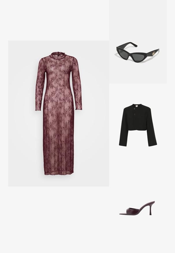 Musta lyhyt takki korkealla kauluksella, kahdella etunapilla ja yhdellä taskulla. Sisältää pitkät, leveät hihat ja sileän kangaspinnan.; Pitkä burgundinpunainen pitsimekko, jossa on pitkät hihat, korkea kaulus ja kukkakuviot. Läpinäkyvä materiaali ja piilottava siluetti.; Burgundin väriset korkokengät, joissa on neliömäinen varvas, valmistettu sileästä nahasta. Omistaa tyylikkään, minimalistisen muotoilun ja kapenevan kanta.; Aurinkolasit kissansilmällä, joissa on matta musta muovikehys, tummat linssit ja kultainen logokiinnitys temppeleissä. Kulmikas muotoilu ja sileä pinta.; Michael Kors kääröbeige pinnoitettua kangasta, jossa on toistuva MK-logo -kuvio, kultaiset yksityiskohdat ja irrotettava ketjuhihna.