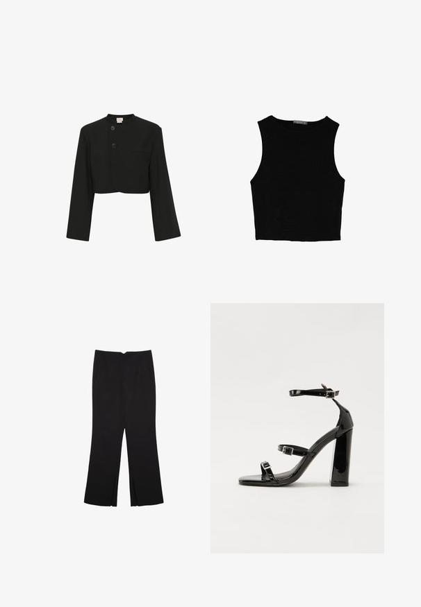 Čierna skrátená bunda s vysokým golierom, dvoma prednými gombíkmi a jednou vreckom. Má dlhé, široké rukávy a hladkú textúru látky.; Čierny bezrukávový crop top vyrobený z hladkej tkaniny, so zaobleným výstrihom a čistým, jednoduchým dizajnom bez vzorov alebo kovania.; Čierne nohavice so strihom rovného strihu, s prednými vreckami a bočnými rozparkami na leme. Vyrobené z mäkkej, hladkej tkaniny. Vhodné na rôzne príležitosti.; Čierne lakované sandále na podpätku so štvorcovou špičkou, navlečenými remienkami okolo členku a striebornými prackami. Disponujú masívnym blokovým podpätkom pre stabilitu.