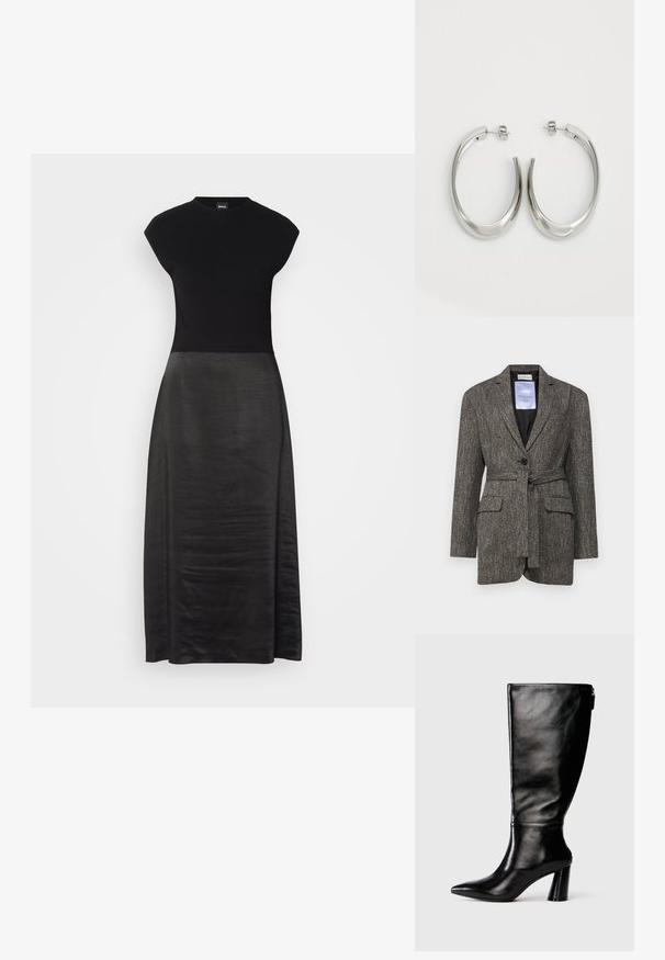 BLANCHE MILES brązowy; Czarna sukienka z dopasowanym korpusem i zwiewnym, jedwabistym dołem. Rękawy typu cap, okrągły dekolt, gładka faktura i długość do kostek.; Czarny skórzany but do kolan z ostro zakończonym noskiem, gładką fakturą i grubym obcasem. Posiada zamek z tyłu.; Srebrne kolczyki-hoop o gładkim, zakrzywionym designie. Posiadają błyszczące metaliczne wykończenie i zapięcie na sztyft. Brak widocznych wzorów lub akcentów.