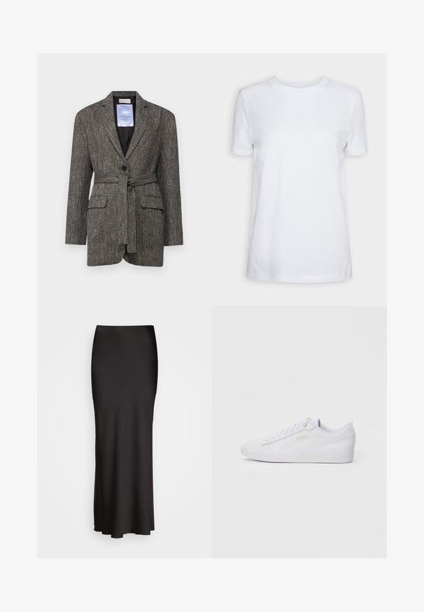 BLANCHE MILES - Bleiseri - hot fudge; Valkoinen lyhytnähtärinen t-paita, joka on valmistettu puuvillasta. Pyöreä pääntie, sileä pinta ilman näkyviä kuvioita tai yksityiskohtia. Yksinkertainen tyyli.; Mustat, lattiaan ulottuvat satiinihameet, joissa on sileä tekstuuri, istuva vyötärö ja A-linjainen siluetti, ilman näkyviä koristeluja tai kuvioita.; Valkoinen matalakorkoinen Puma-tenniskenkä, jossa on nyöritys edessä, hienovarainen brändäys sivuilla ja pohjassa, sekä sileä synteettinen päällinen rentoon käyttöön.