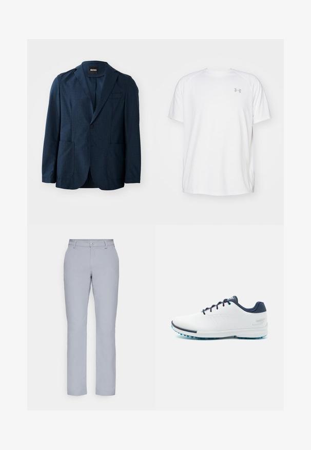 Morskosina blejzer z teksturirano tkanino, dvema sprednjima žepoma, zapenjanjem na eno gumb ter zareznimi reverji. Oznaka blagovne znamke je vidna znotraj ovratnika.; Bela kratka športna majica s kratkimi rokavi, izdelana iz gladkega blaga. Ima okroglo ovratnico in sivo logotip na levi prsi ter stranske razpoke na robu.; Svetlo sivi hlače ravnega kroja, s zapiranjem na gumb, sprednjimi žepi in gladkim, strukturiranim materialom. Minimalističen dizajn, brez vzorcev.; Bela športna obutev z gladkim sintetičnim zgornjim delom, modrimi akcenti, teksturiranim mornarsko modrim petnim delom in lahkim podplatom z bodicami za oprijem.
