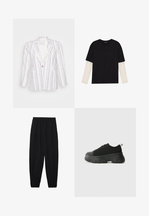 Baltā krāsā svītrots žakets ar zilām un brūnām vertikālām svītrām, ar vienu pogu un divām priekšējām kabatām. Izgatavots no viegla auduma.; Melna kokvilnas T-kreklu ar īsām piedurknēm, virs baltas garām piedurknēm ar smalku teksturētu rakstu. Apaļas kakla izgriezuma dizains.; Melnas, vieglas bikses ar elastīgu jostu un savilktiem potītiem. Audums ir gluds un to raksturo brīva, sašaurināta forma.; Melnas kedas ar masīvu gumijas zoli, teksturētu auduma augšdaļu, apaļu purngalu un saistīšanas dizainu. Iekļautas pastiprinātas acs atveres un aizmugurējais cilpiņas siksniņa.