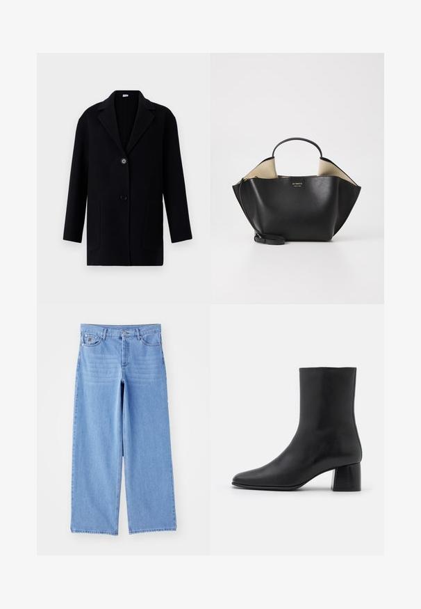 Palton negru cu guler în V, două buzunare frontale, închidere cu un singur nasture și un țesătură texturată. Croi drept și design de lungime medie.; Top negru cu mânecă lungă, realizat dintr-un material moale, având un gât rotund și o croială relaxată, cu deschideri laterale la tiv pentru un confort sporit în mișcare.; Jeans largi de un albastru deschis, din denim, cu un design clasic cu cinci buzunare și închidere cu nasture. Textură netedă, terminatii desfăcute.; Botine negre din piele, cu vârf ascuțit și toc pătrat masiv. Textură netedă, cu un design fără cusături și cusături minimaliste.; Ree Projects ANN TOTE MINI - Geantă de mână - black