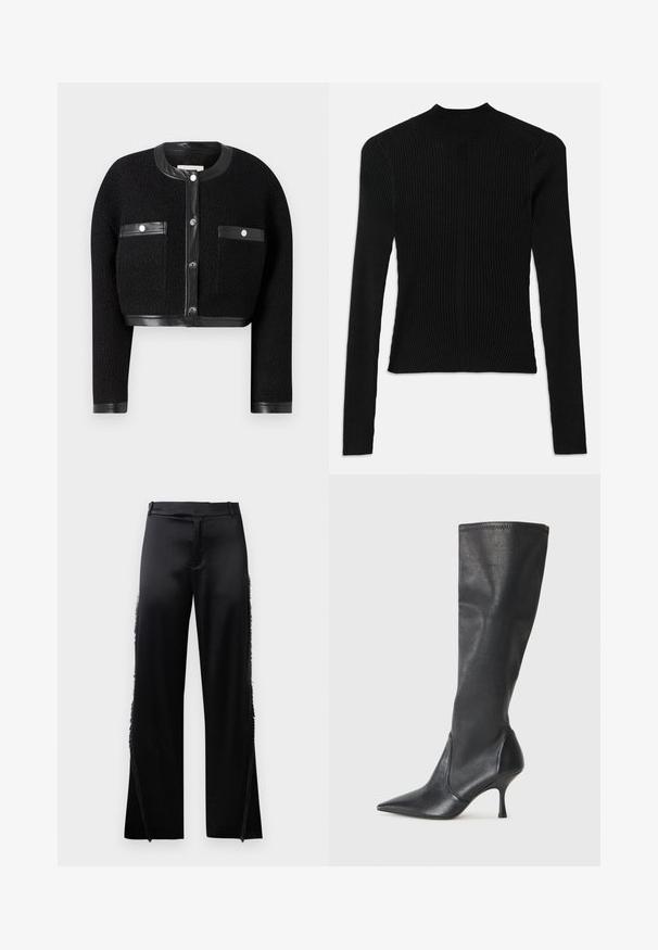 Černá zkrácená bunda s texturovanou tkaninou, koženými akcenty a dvěma předními kapsami. Obsahuje zapínání na knoflík a kulatý výstřih.; Černý žebrovaný top s dlouhým rukávem a vysokým výstřihem, se přiléhavým střihem, vertikální texturou a švy na ramenou.; Černé saténové kalhoty s širokými nohavicemi, s třásněmi podél bočních švů a plochým pasem. Hladký zadní díl bez kapes.; Černé kožené vysoké boty do kolen s špičatou špičkou a štíhlým jehlovým podpatkem. Hladká textura s přiléhavým střihem a přešitím na horním okraji.