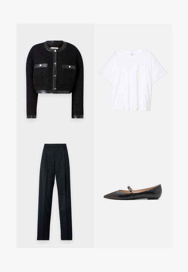 Musta lyhyt takki, jossa on teksturoitu kangas, nahka yksityiskohtia ja kaksi etutaskua. Varustettu nappisuljennalla ja pyöreällä kauluksella.; Valkoinen puuvillapaita lyhyillä hihoilla, pyöreällä pääntiellä, rentoa tyyliä ja ommeltu helma. Tunniste näkyvissä sisäkauluksessa.; Musta housut, jotka on valmistettu sileästä kankaasta ja joissa on korkea vyötärö, leveät lahkeet, etukaarteet ja klassiset vyölenkit. Ei näkyviä sivutaskuja.; Musta nahkainen ballerinat, joissa on terävä kärki ja sivuhihna, jossa on pyöreä kultainen yksityiskohta. Kevyet ja litteällä pohjalla.