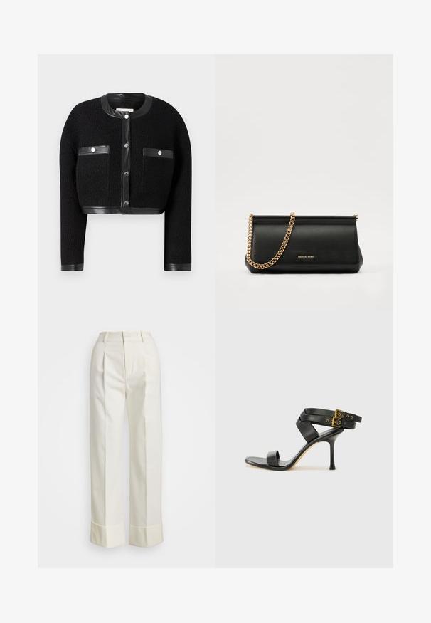 Fekete, rövidített dzseki texturált anyagból, bőr részletekkel és két elülső zsebbel. Gombos záródással és kerek nyakkivágással rendelkezik.; Fehér pamut póló rövid ujjakkal, kerek nyakkal, fazonra szabott kialakítással és sima textúrával. Logó címke a nyakkivágásnál.; Fehér, szabott nadrág magas derékkal, dupla elülső redőkkel és széles lábakkal, hajtogatott szegésekkel. Simító, textúrált anyagból készült.; Fekete magassarkú szandál keresztpántos dizájnnal és állítható csattal. Simább felülettel és hegyes tűsarkúval rendelkezik.; Fekete bőr kisméretű táska arany lánccal, sima felülettel, téglalap alakú, és dombornyomott márkázással az elején.