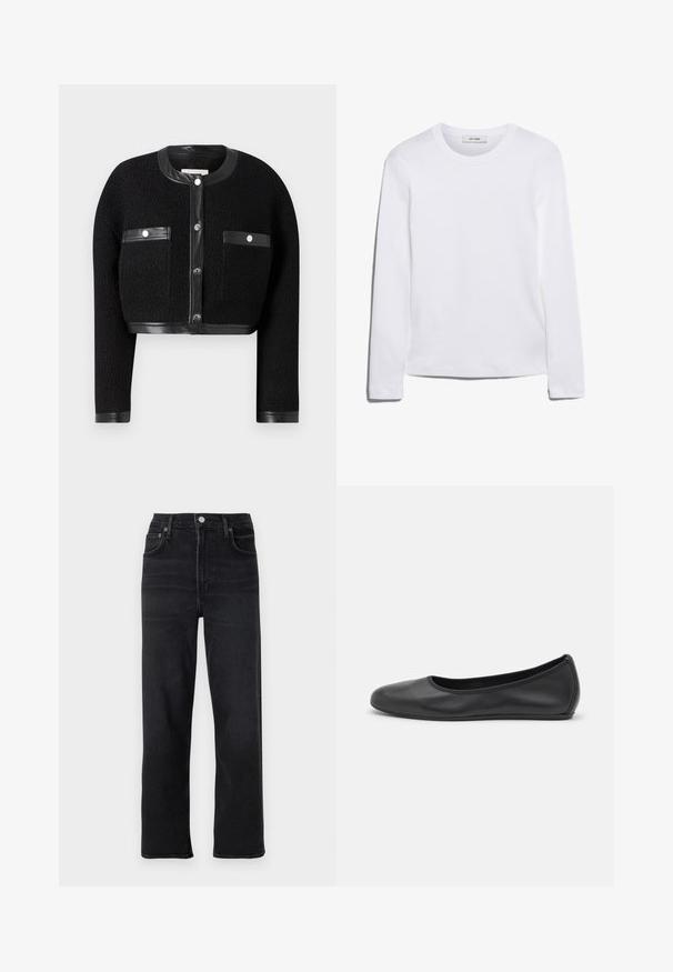 Svart kort jacka med texturerad tyg, läderdetaljer och två framtill fickor. Har en knappstängning och rund halsringning.; Långärmad vit T-shirt i ribbad bomull, med rund halsringning och rak kant. Enkelt mönster utan mönster eller detaljer.; Svarta raka jeans i denim. Har fem fickor, knäppning med knapp och dragkedja, samt subtila sömdetaljer.; Svart läderballerinaskor med rund tå, slät yta, minimala söm detaljer och en flexibel sula.