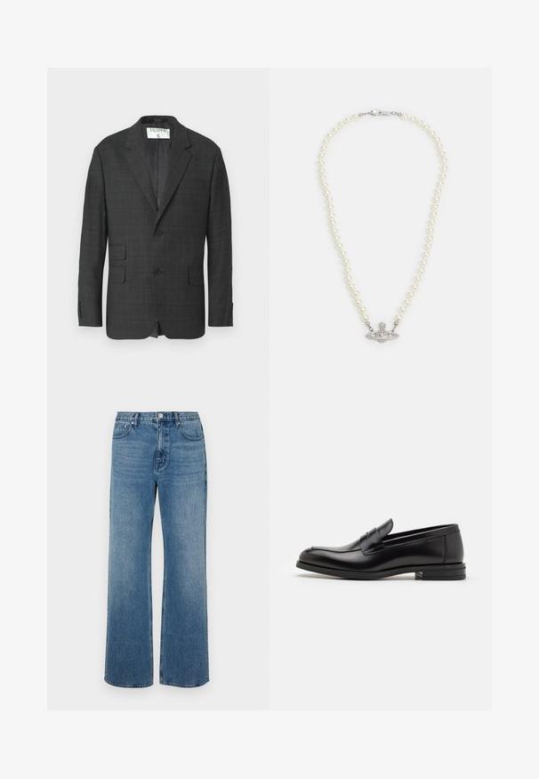 Mørkegrå herreblazer med diskret ternemønster, to knapper, slagkrave, to frontlommer med klap og en indvendig mærke "FILIPPA K".; Armani Exchange Striktrøje - dark gull zig zag; Bredde ben blå jeans lavet af denim med en falmet finish. Har fem lommer, en frontknaplukning og en lige pasform.; Sorte læderloafers med en glat overflade, rund tå og en dekorativ strop over vampen. Lav hæl med stabeldesign, minimalistisk stil.; Perlehalssmykke med en sølvfarvet lås. Har runde hvide perler og en dekorativ, rhinsten-besat midte.