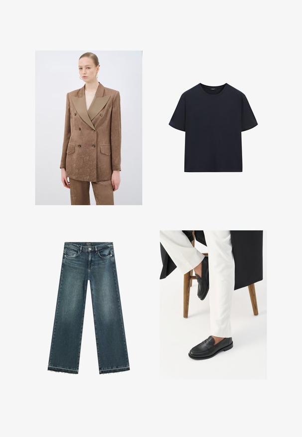Bruine double-breasted blazer met een contrasterende beige notch-kraag, van textuurstof, en twee voorzakken, gecombineerd met bijpassende broek.; Effen zwart T-shirt met korte mouwen en ronde hals, met een reguliere pasvorm en zonder zichtbare logo's of patronen, weergegeven tegen een witte achtergrond.; Brede denim jeans in donkerblauw met een vervaagd effect. Heeft een rafelige zoom en een klassieke vijf-pocketdesign met metalen hardware.; Zwarte leren loafers met een gladde textuur en een brede banddetail, gedragen met witte op maat gemaakte broek. De hak heeft een plat ontwerp.
