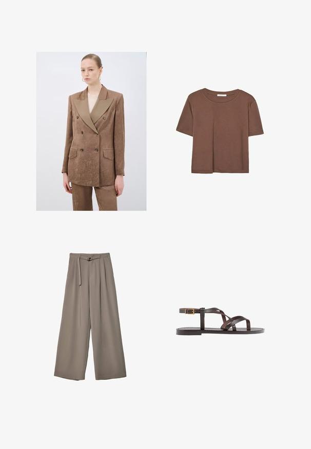 Blazer marrone doppiopetto con revers beige a contrasto, tessuto texturizzato e due tasche frontali, abbinato a pantaloni coordinate.; Maglietta a maniche corte marrone realizzata in tessuto morbido, con scollatura rotonda e vestibilità rilassata. Nessun motivo o dettaglio visibile.; Pantaloni a gamba larga in un morbido tessuto grigio tenue, con vita con cintura e pieghe per un tocco di design aggiuntivo. Texture liscia, senza motivi.; Sandal in pelle marrone con cinturini incrociati, chiusura con cinturino alla caviglia e suola piatta con dettagli di cucitura minimi.