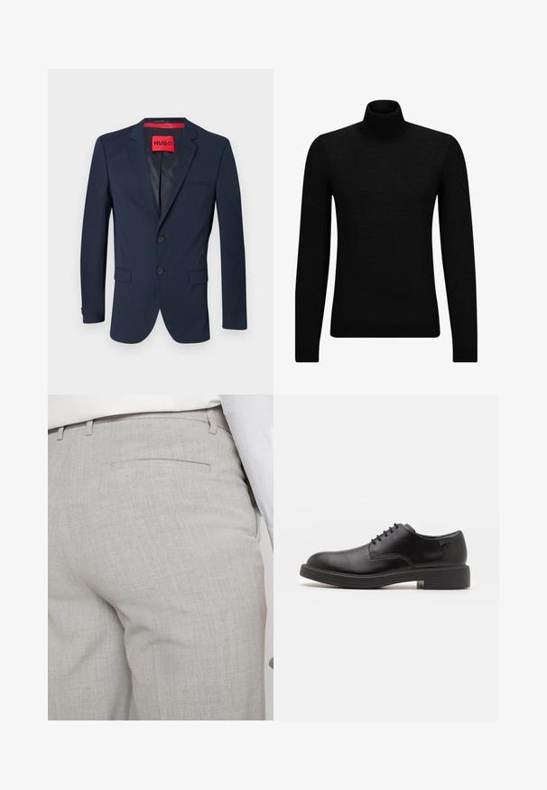 Blazer blu navy con due bottoni, rever a scanso e una tasca sul petto. Presenta un'etichetta interna rossa con il logo "HUGO". Texture liscia.; Maglione a collo alto nero realizzato in materiale morbido, con maniche lunghe e vestibilità aderente. Bordo a coste all'orlo e ai polsini. Design semplice.; Pantaloni sartoriali grigio chiaro realizzati in tessuto strutturato, con una tasca posteriore singola e cuciture pulite.; Scarpa nera in pelle con lacci, punta tonda, texture liscia, cuciture minime e tacco in gomma basso. Logo sul tacco.